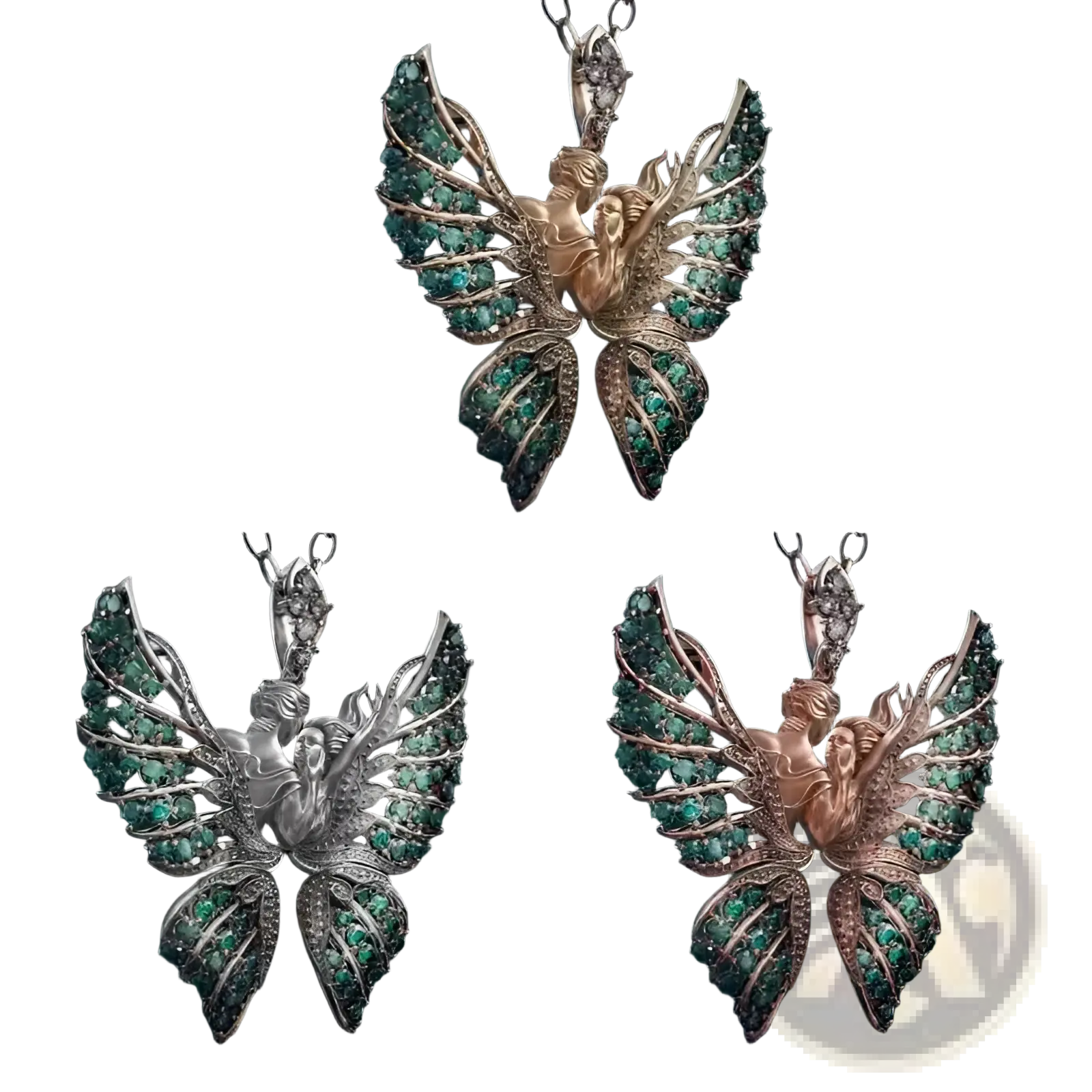 Elegant emerald angel wing butterfly pendant necklace with intricate silver, rose gold, or white gold designs