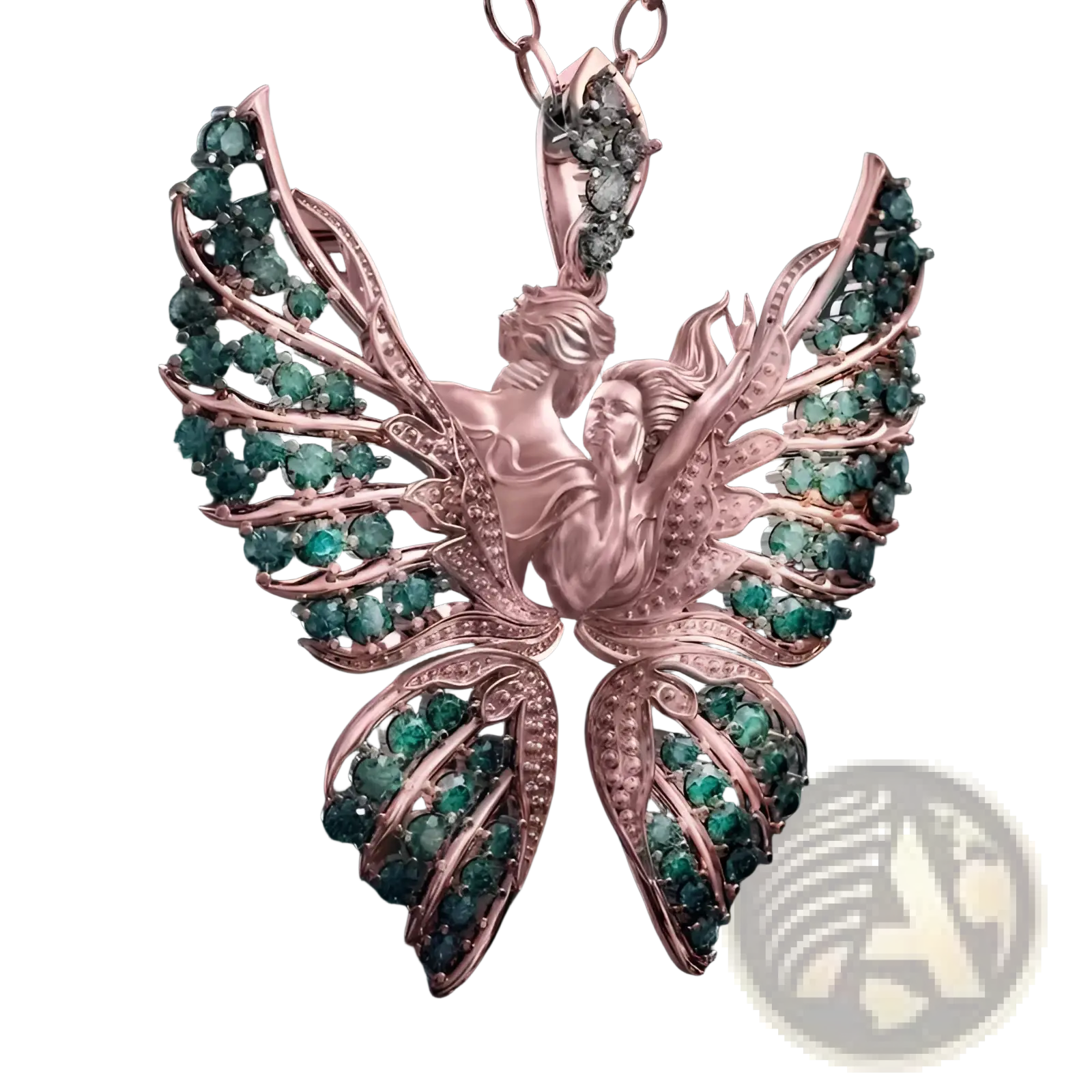 Rose gold fairy pendant necklace with emerald green gemstone wings and diamond accents called emerald angel wing butterfly pendant