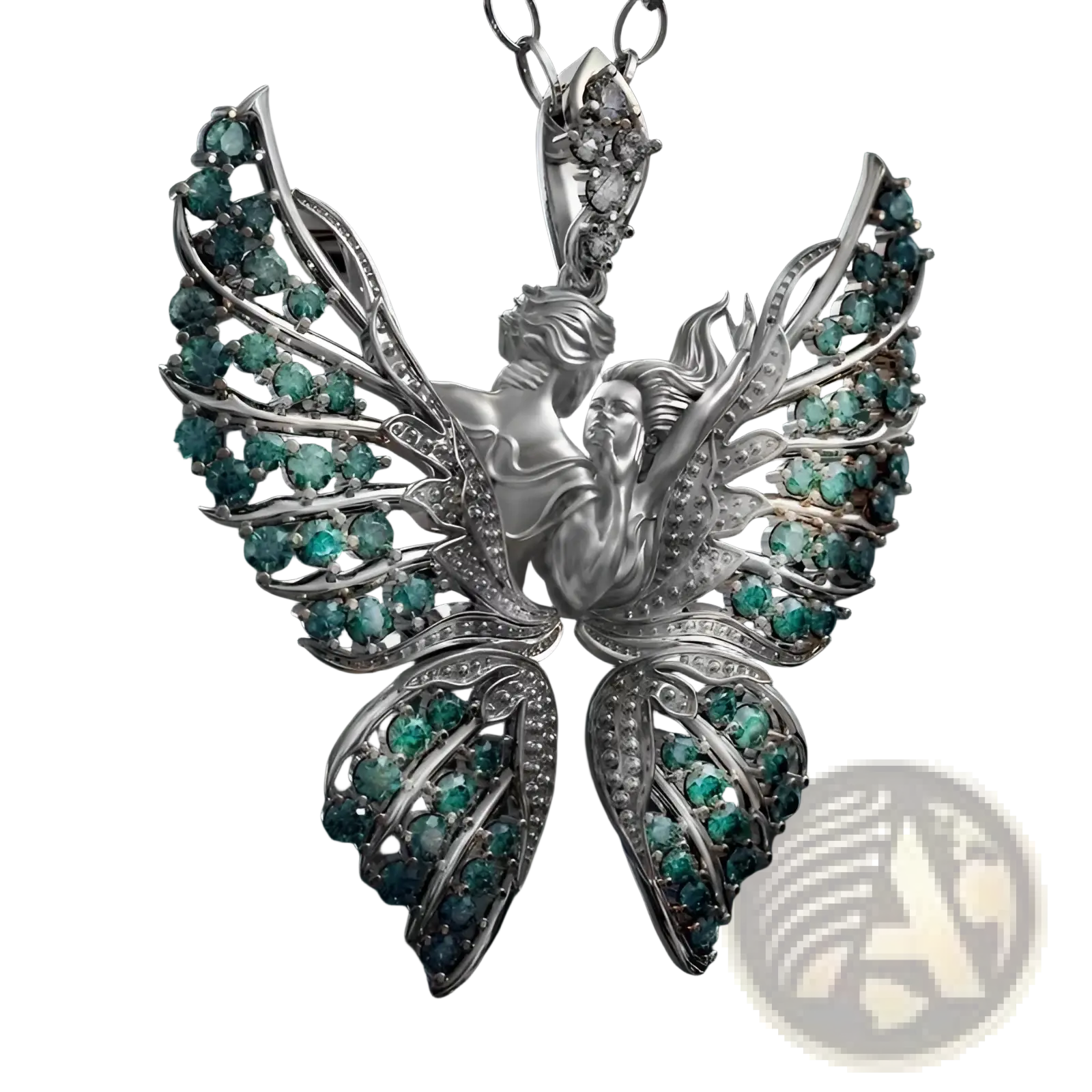 Silver emerald angel wing butterfly pendant necklace with intricate wings adorned with emerald green gemstones and diamonds