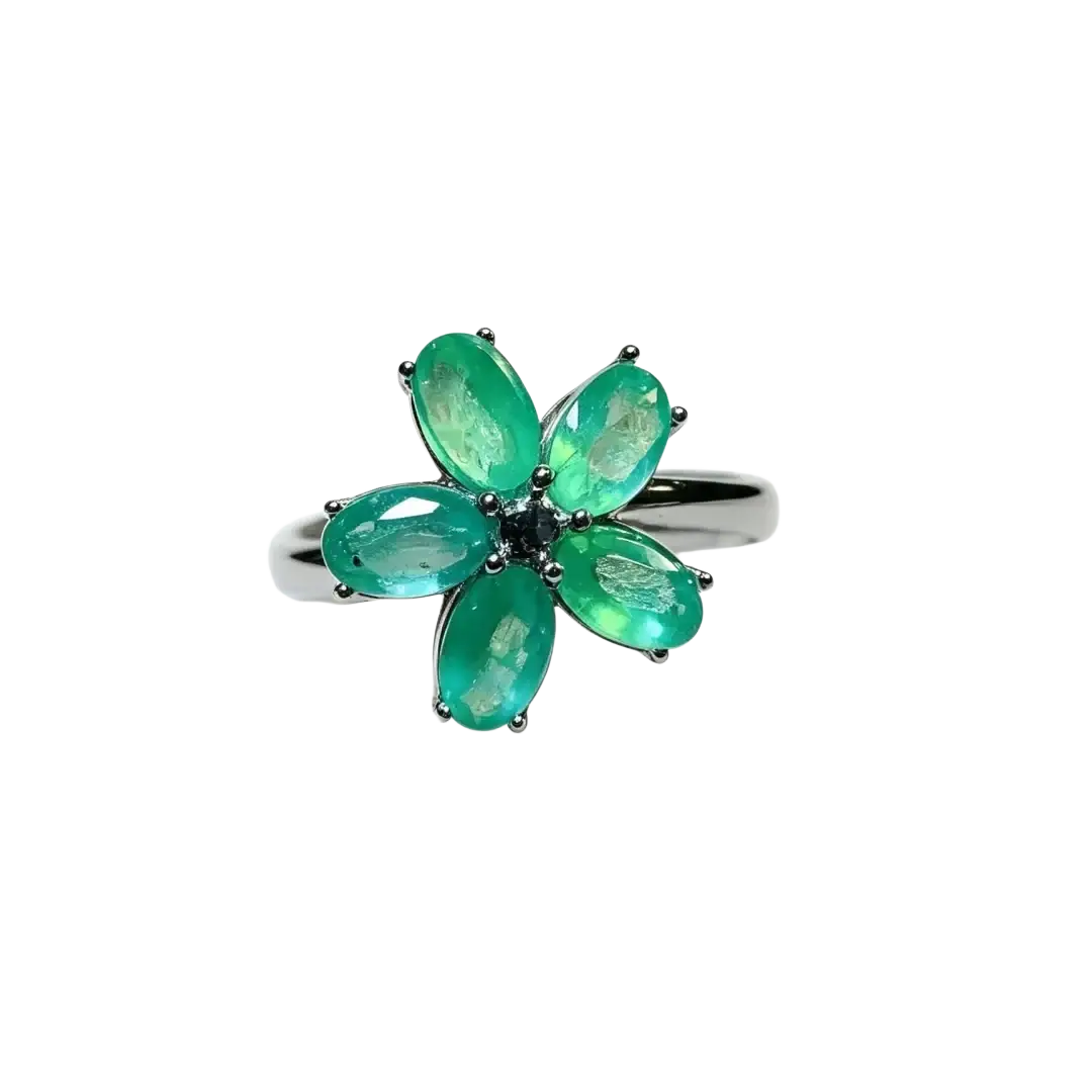Emerald flower silver ring featuring five vibrant oval-cut green stones in a delicate flower-shaped design
