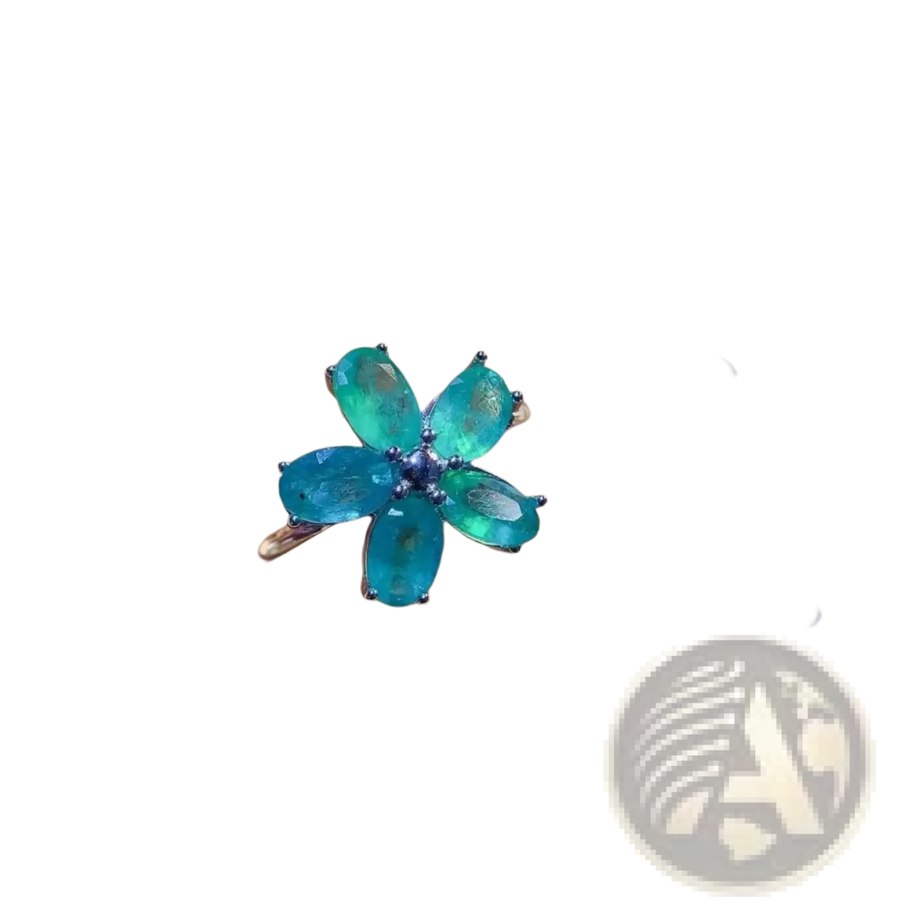 Emerald flower silver ring with a delicate five-petal design featuring vibrant emerald green gemstones on gold band