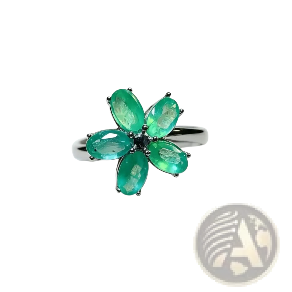 Emerald flower silver ring featuring five vibrant oval-cut green stones in a delicate flower-shaped design