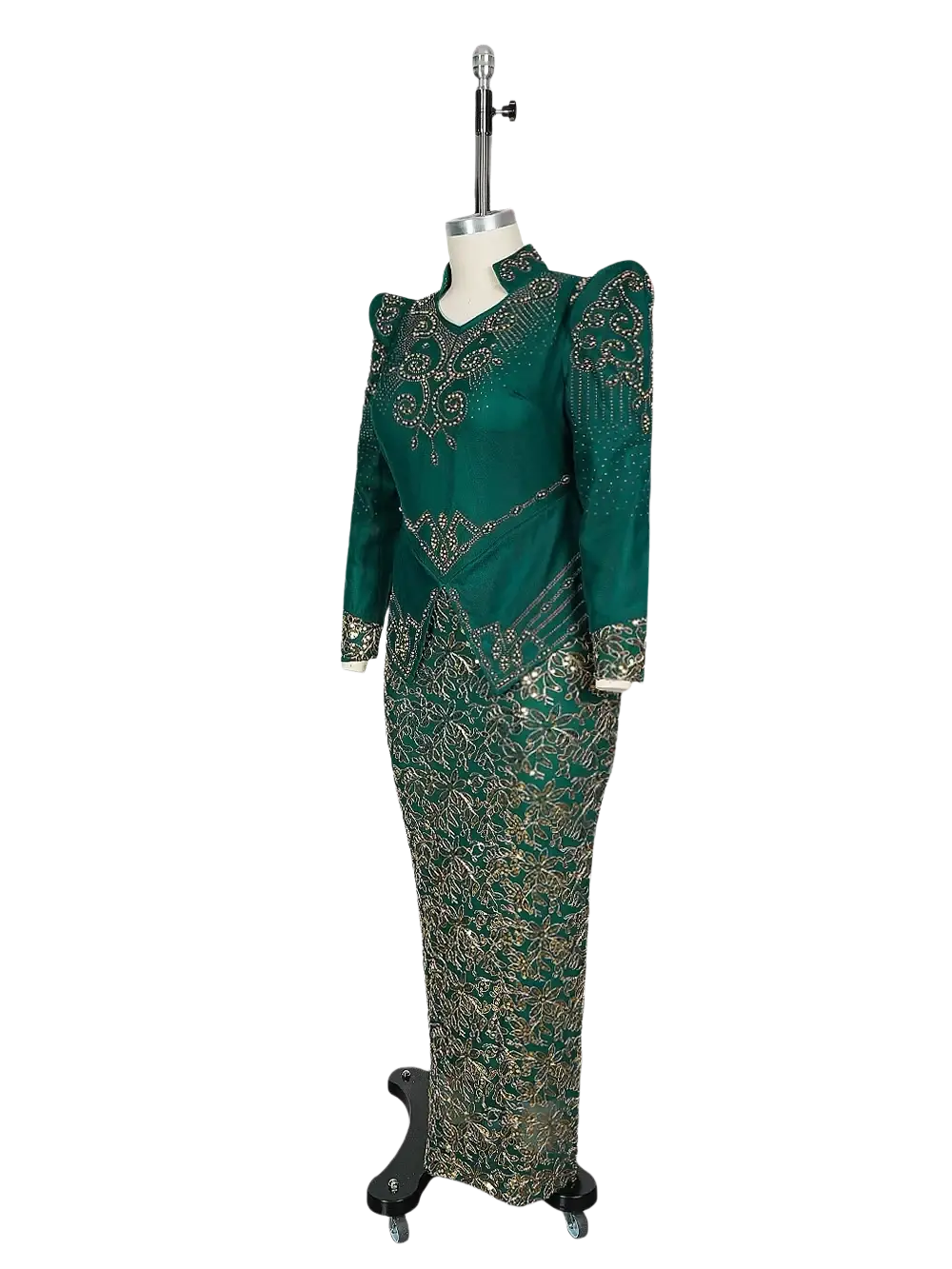 Emerald green beaded maxi dress luxury gown with intricate gold embroidery and beading displayed on a mannequin