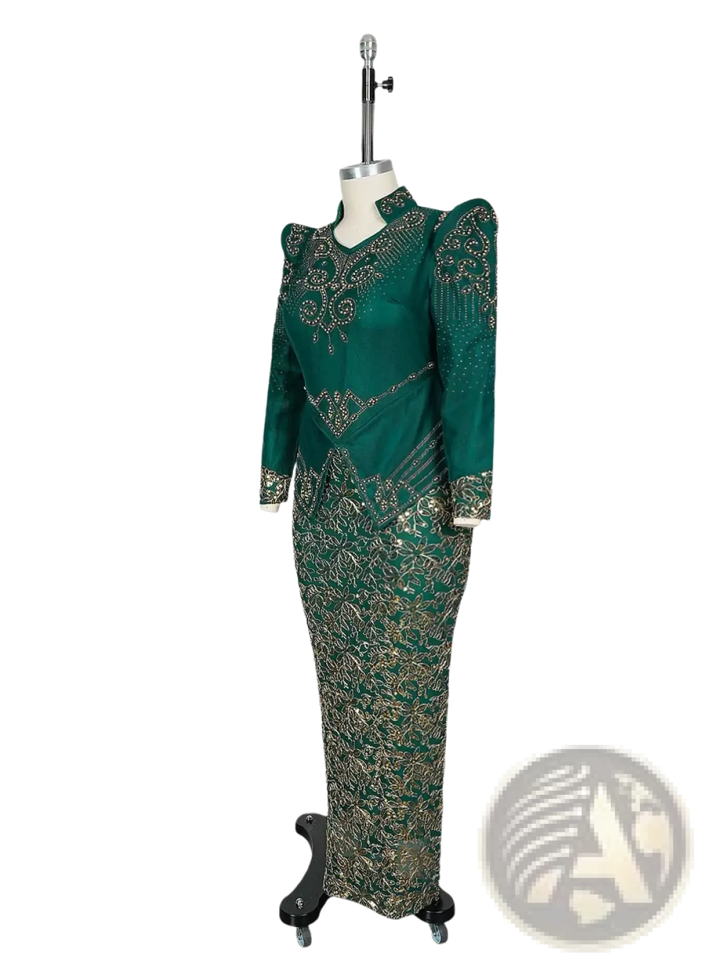Emerald green beaded maxi dress luxury gown with intricate gold embroidery and beading displayed on a mannequin