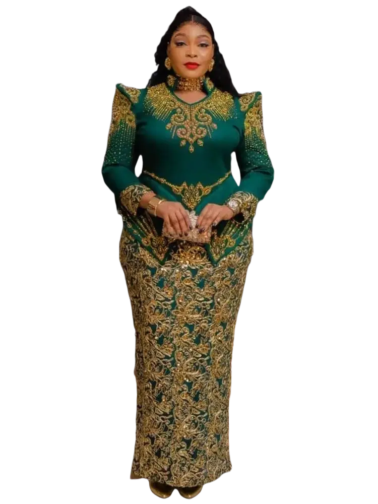 Emerald green beaded maxi dress luxury gown with gold embroidered intricate lace detailing and elegant design