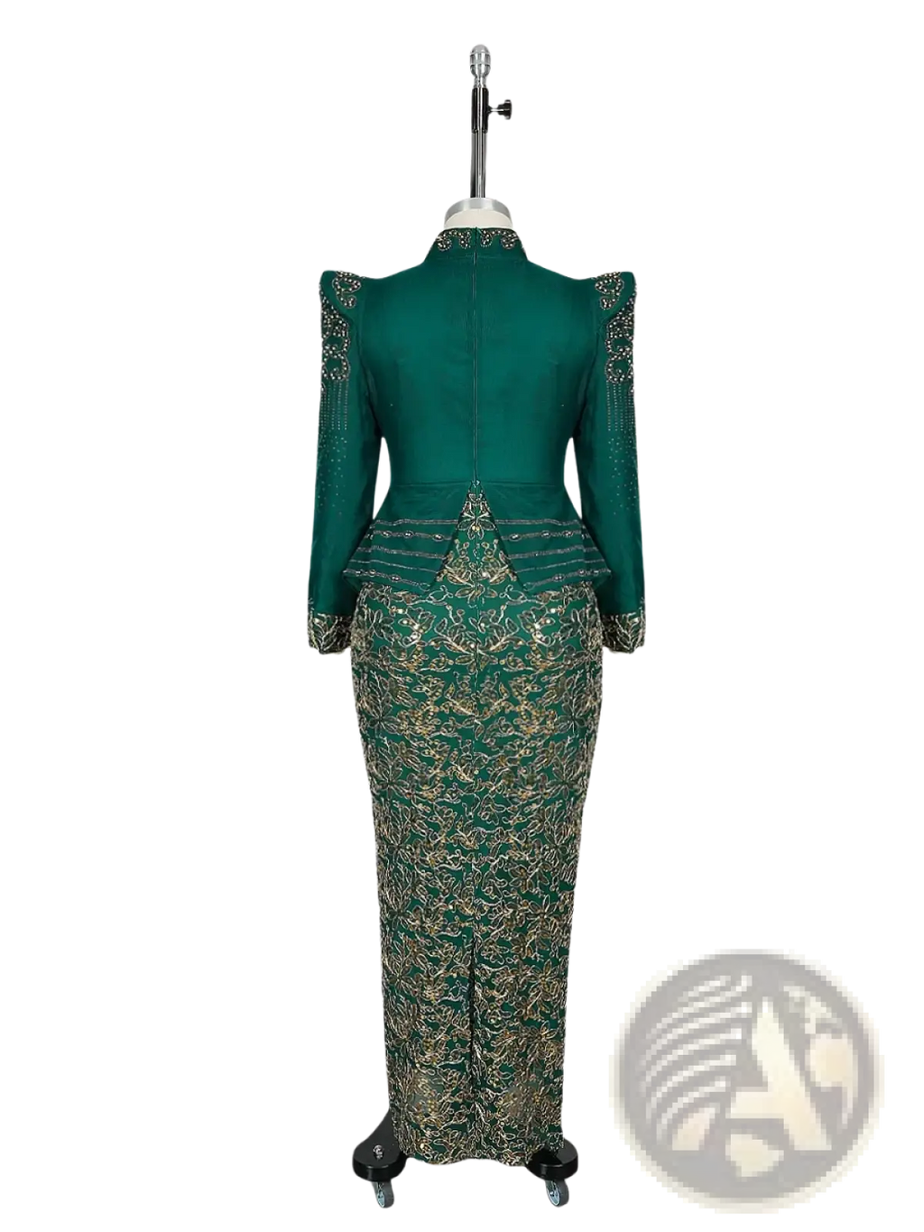 Emerald green beaded maxi dress luxury gown with gold embroidery, peplum waist, and long sleeves
