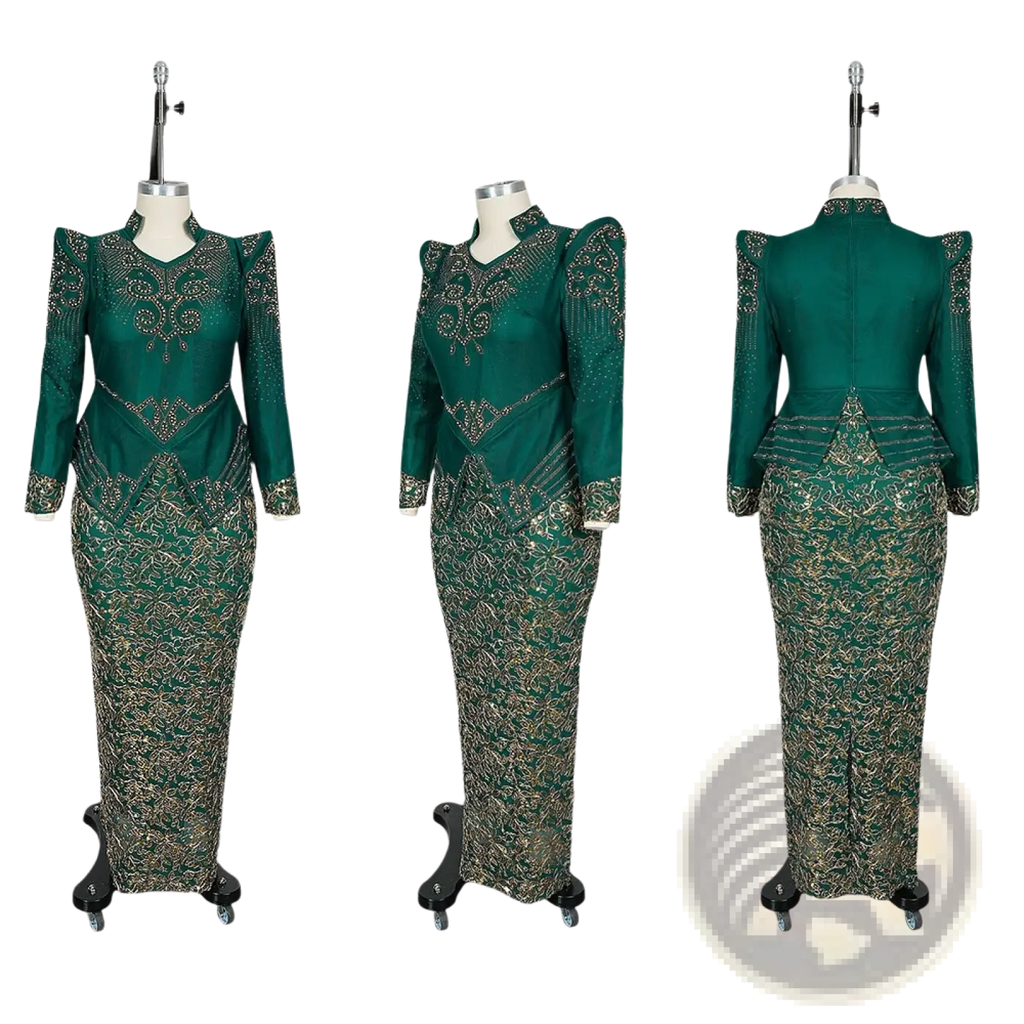 Emerald green and gold beaded two-piece maxi dress with puff sleeves and high neckline luxury gown