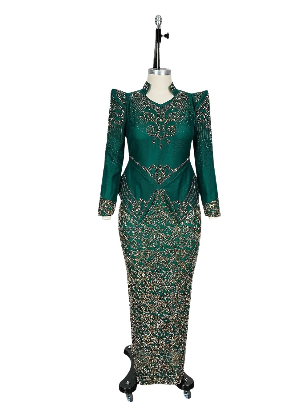 Emerald green long-sleeved beaded maxi dress with intricate gold lace detailing luxury gown front view