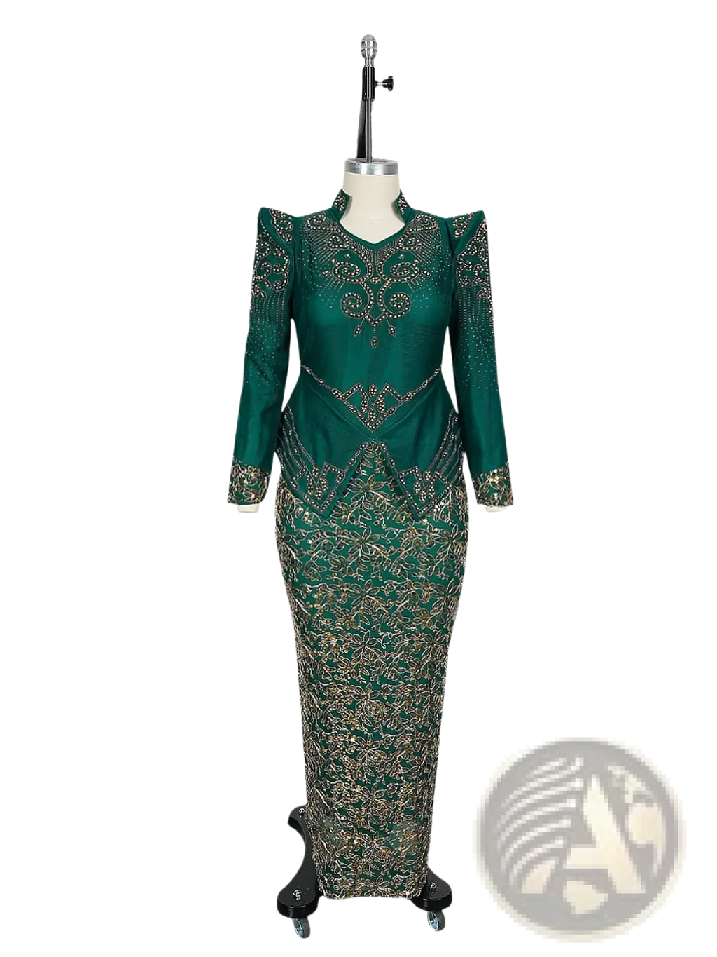 Emerald green long-sleeved beaded maxi dress with intricate gold lace detailing luxury gown front view