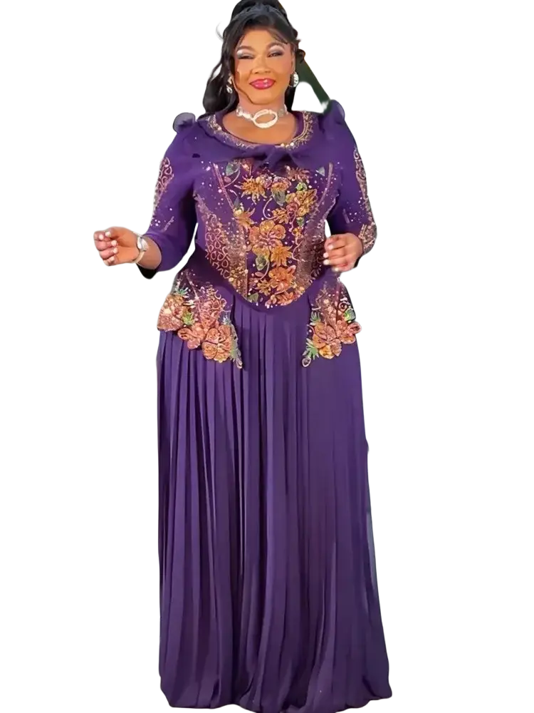 Emerald green beaded maxi dress luxury gown with vibrant purple long sleeves and gold orange floral embroidery