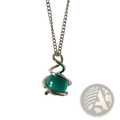 Emerald green glass sphere silver spiral pendant necklace with swirling metal design cradling a translucent bead