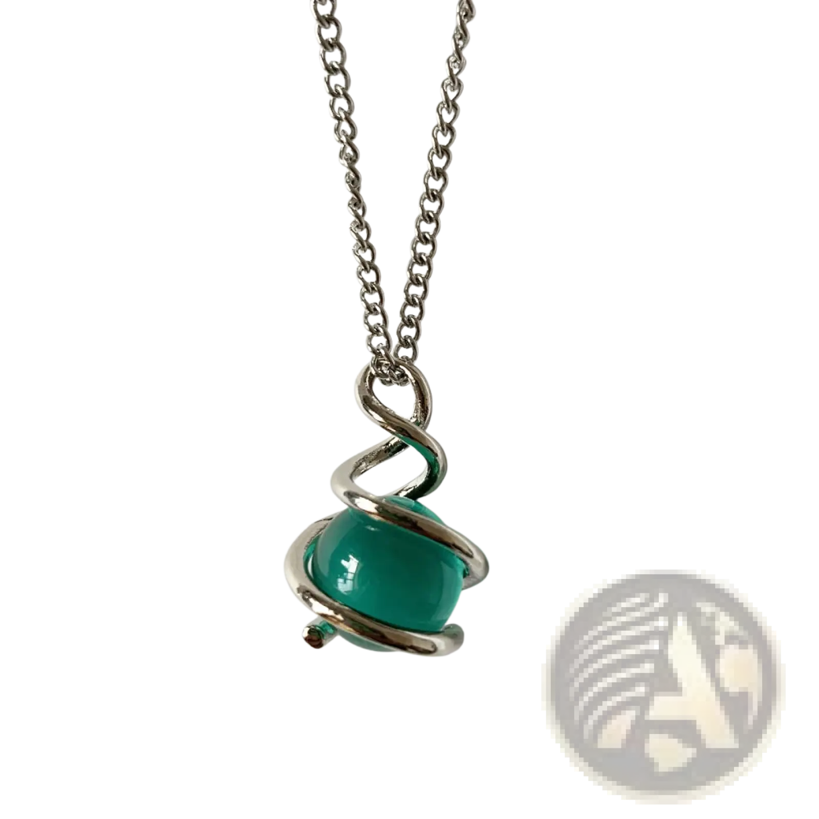 Emerald green glass sphere silver spiral pendant necklace with swirling metal design cradling a translucent bead