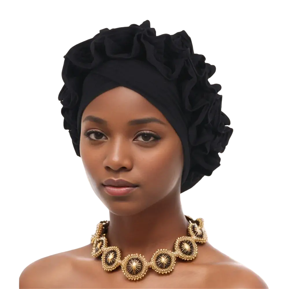Black ruffled headscarf with soft fabric and elegant voluminous folds shown from the back side of the emerald green ruffled turban cap product