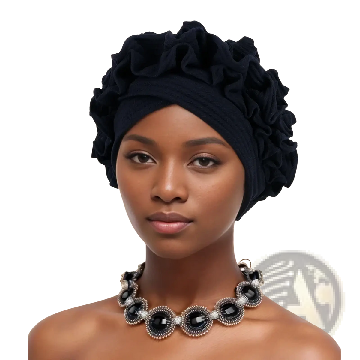 Black ruffled headscarf with soft flowing fabric design showcased as a stylish emerald green ruffled turban cap alternative