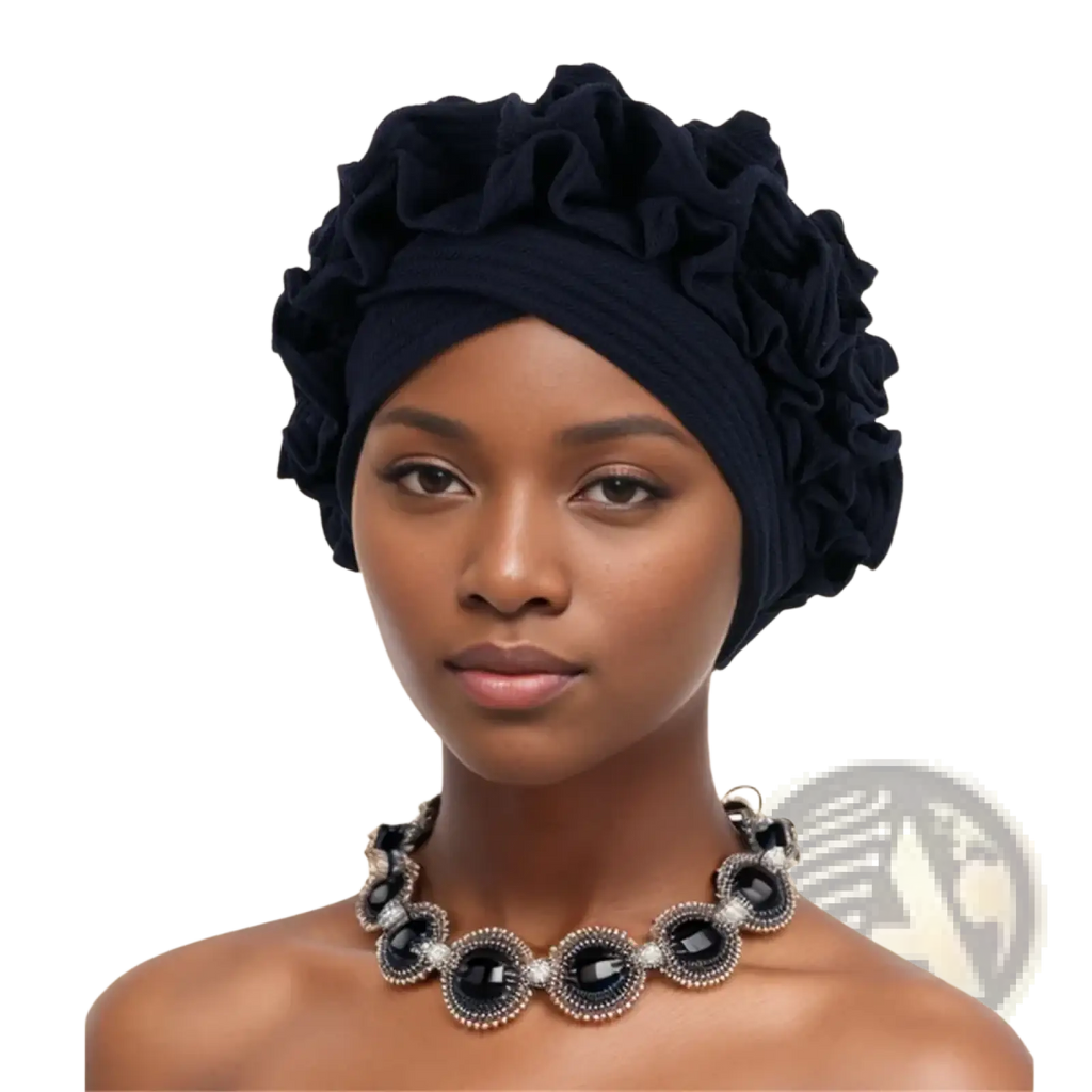 Black ruffled turban cap with soft fabric and layered voluminous folds from the emerald green ruffled turban cap collection