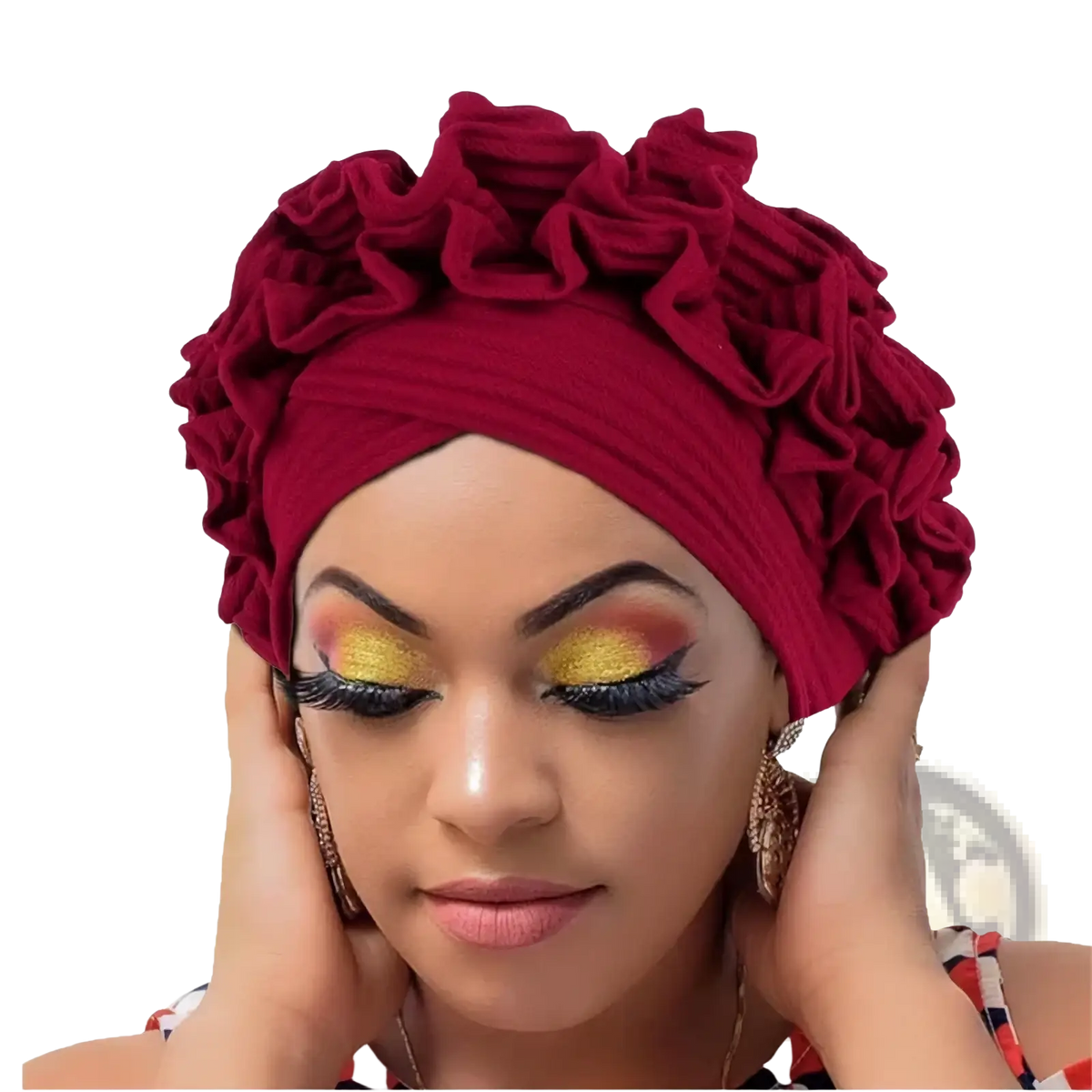 Emerald green ruffled turban cap with soft stretchy fabric and rich burgundy layered decorative folds