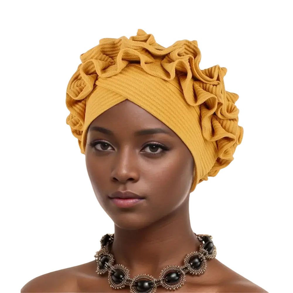 Emerald green ruffled turban cap with vibrant mustard yellow ribbed textured headwrap and elegant gathered folds
