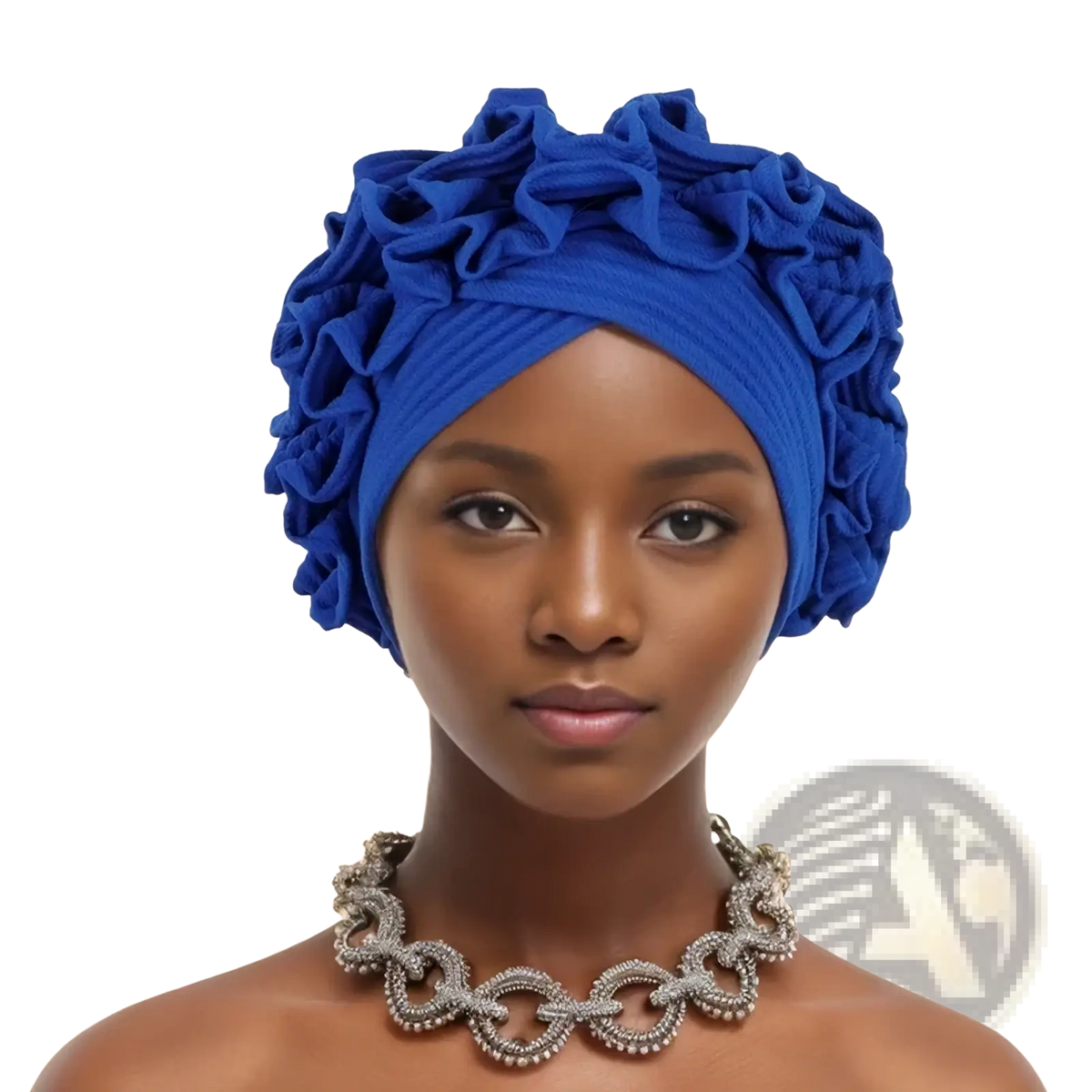 Vibrant royal blue ruffled turban cap with a textured fabric design for stylish headwear