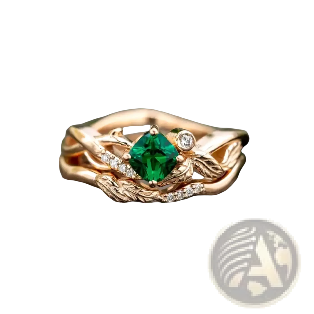 Emerald rose gold ring with a central emerald-cut green gemstone and diamond-accented leaf and vine design