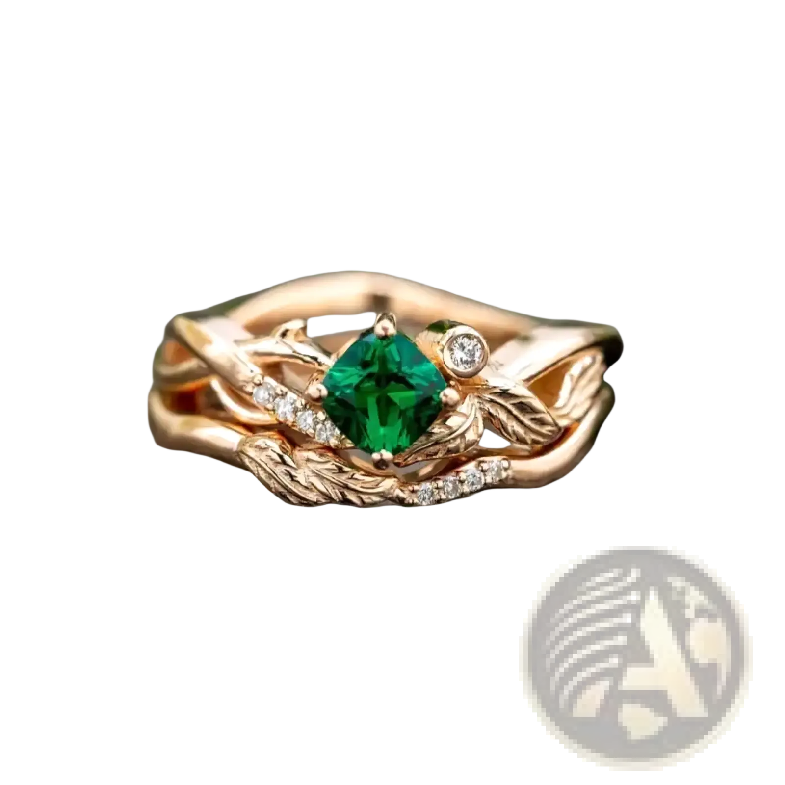 Emerald rose gold ring with a central emerald-cut green gemstone and diamond-accented leaf and vine design