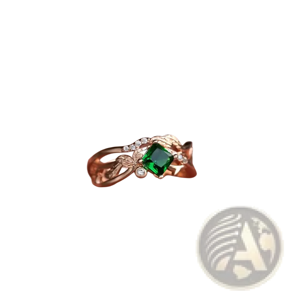 Emerald rose gold ring with square-cut emerald center stone and diamond leaf accents in elegant design