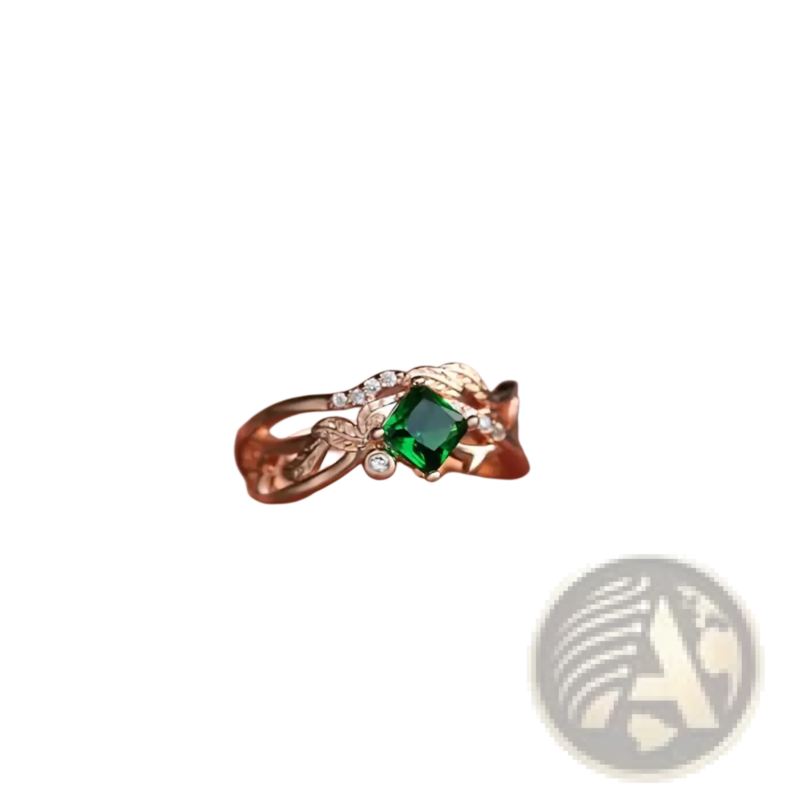 Emerald rose gold ring with square-cut emerald center stone and diamond leaf accents in elegant design