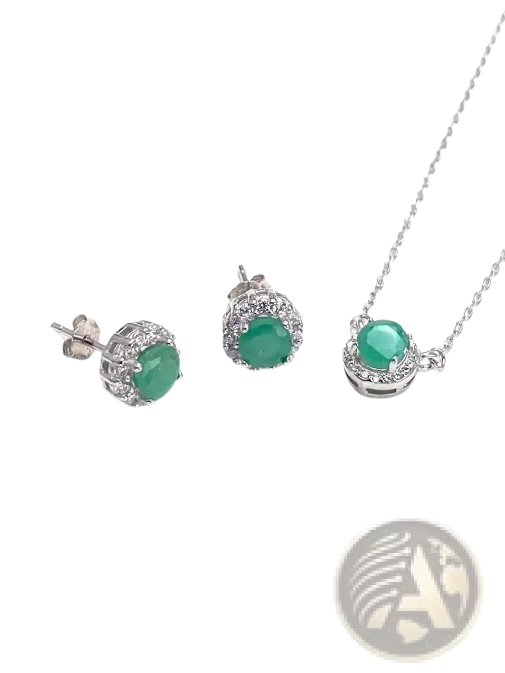 Elegant emerald and diamond set sterling silver jewelry set with pendant stud earrings and matching necklace