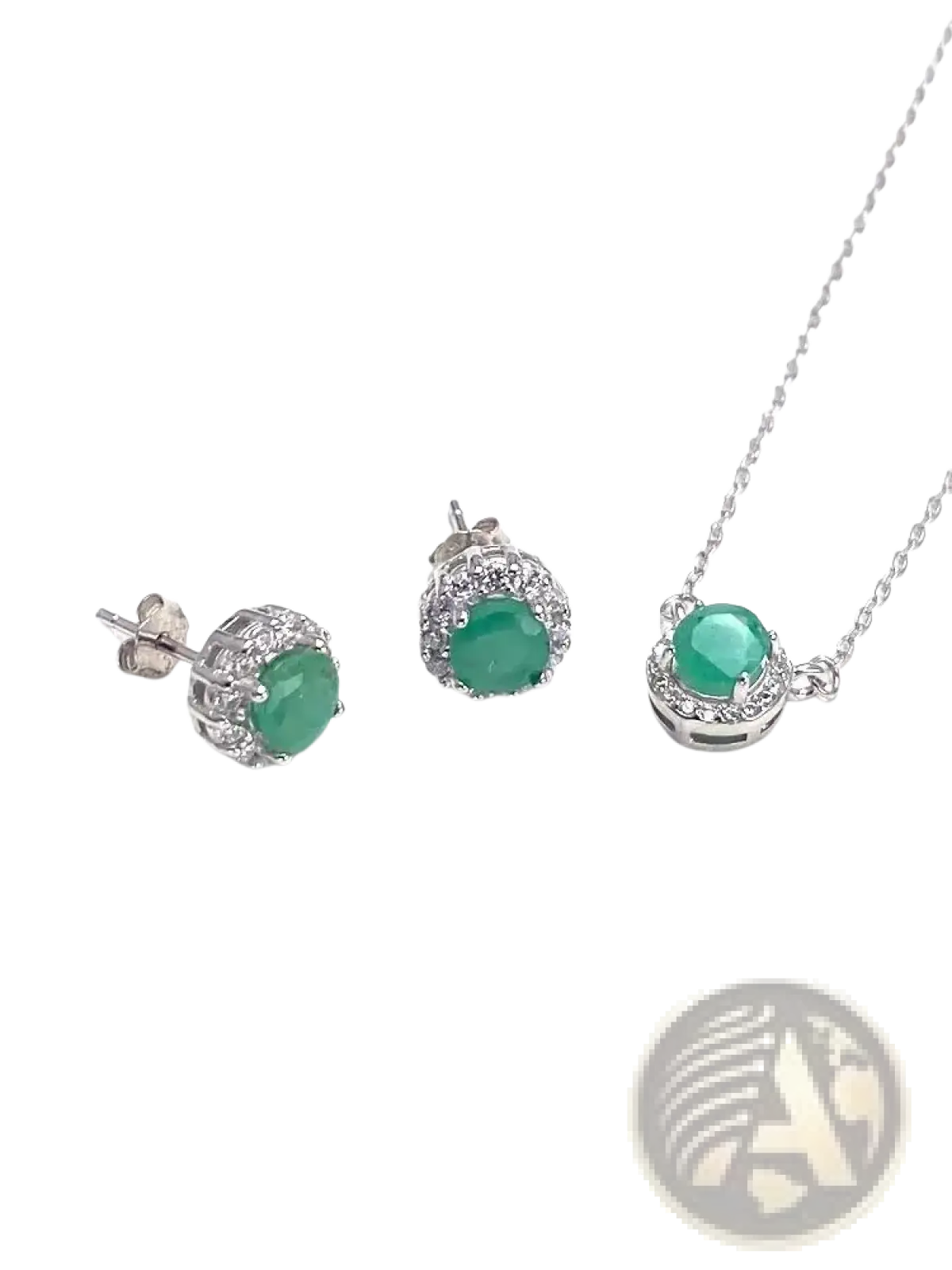 Elegant emerald and diamond set sterling silver jewelry set with pendant stud earrings and matching necklace