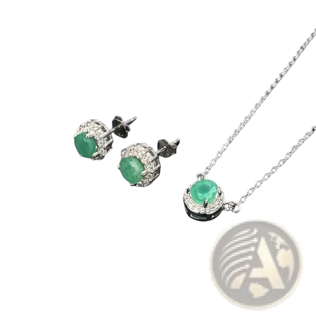 Emerald sterling silver jewelry set with elegant jade green gemstone pendant necklace and matching diamond stud earrings