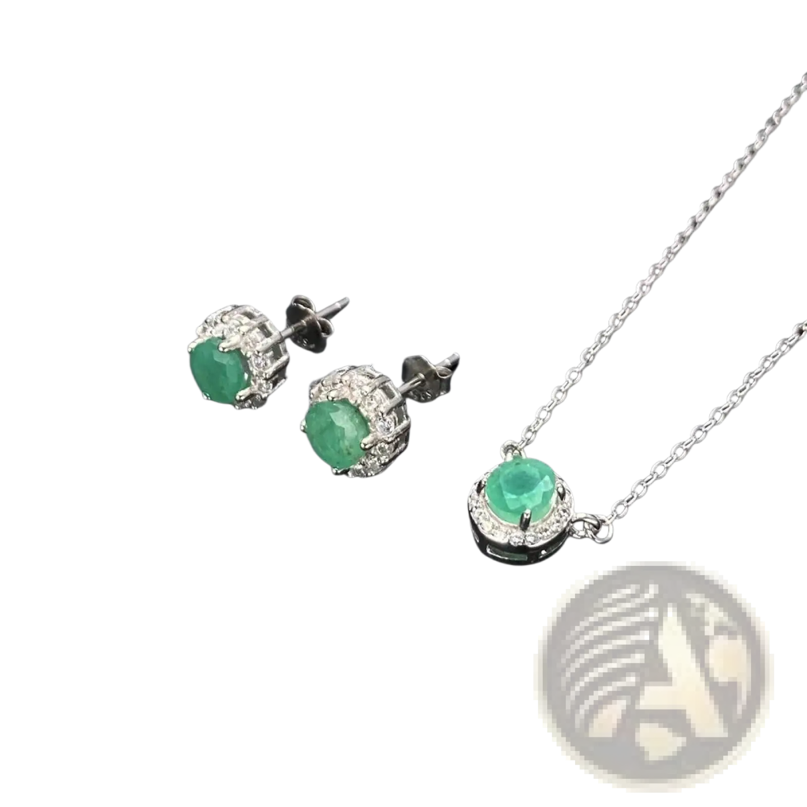 Emerald sterling silver jewelry set with elegant jade green gemstone pendant necklace and matching diamond stud earrings