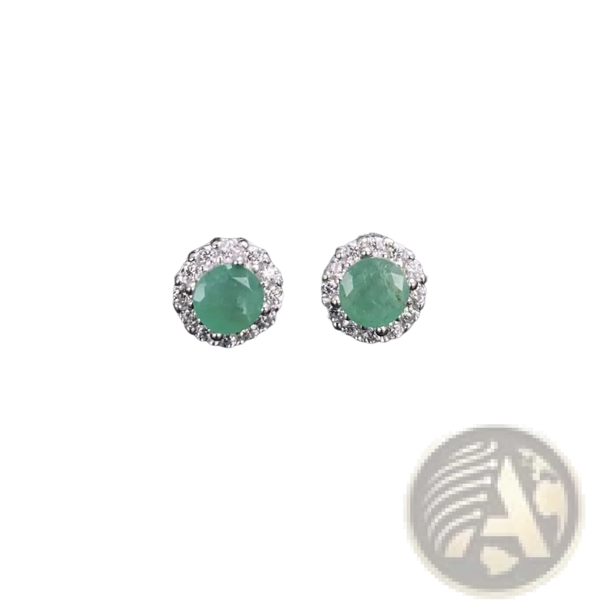 Elegant emerald stud earrings with a diamond halo set in silver-toned metal from emerald sterling silver jewelry set