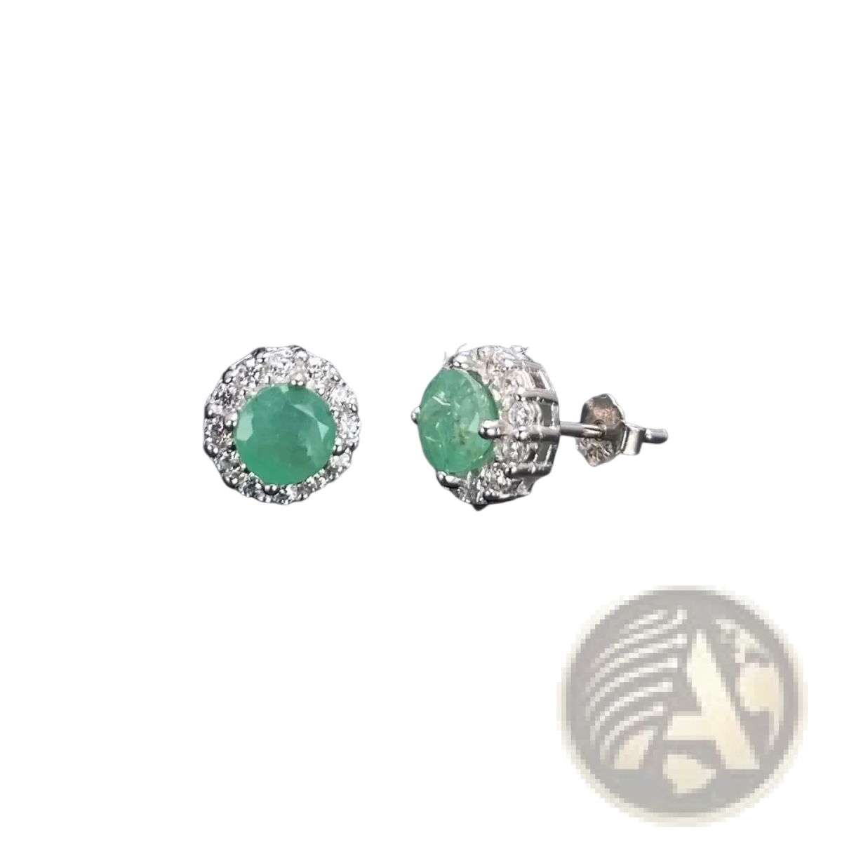 Elegant emerald stud earrings with a halo of diamonds set in sterling silver from the emerald sterling silver jewelry set