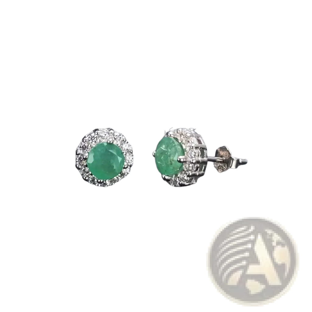 Elegant emerald stud earrings with a halo of diamonds set in silver for the emerald sterling silver jewelry set