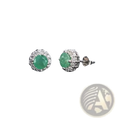 Elegant emerald stud earrings with a halo of diamonds set in silver for the emerald sterling silver jewelry set