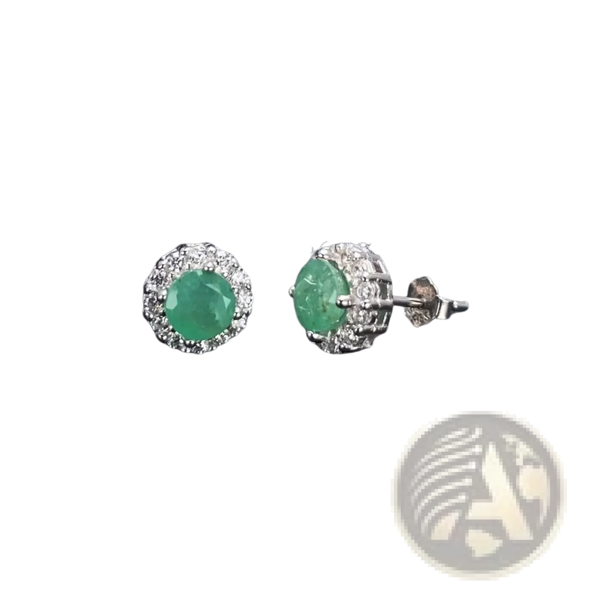 Elegant emerald stud earrings with a halo of diamonds set in silver for the emerald sterling silver jewelry set