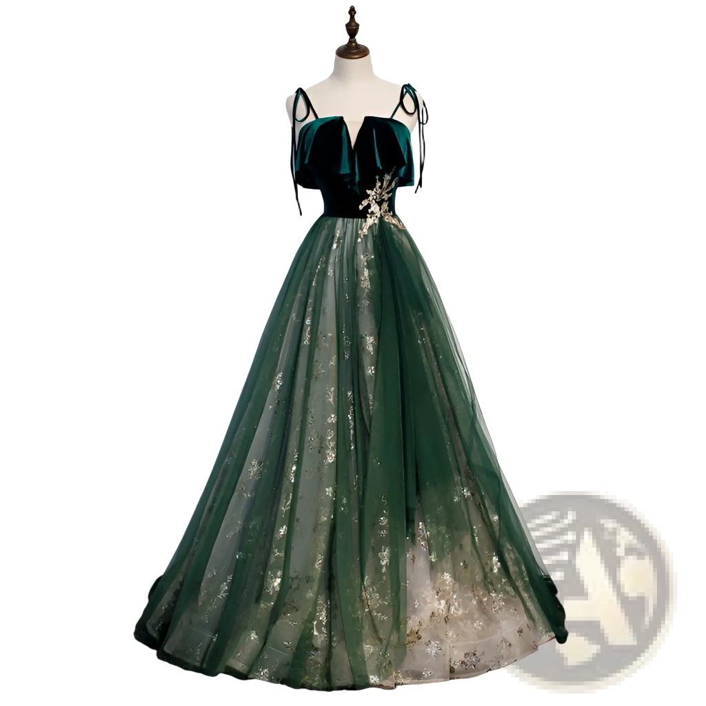 Emerald velvet off-shoulder ball gown with tulle and gold floral embroidery for elegant occasions