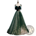 Emerald velvet off-shoulder ball gown with tulle and gold floral embroidery for elegant occasions