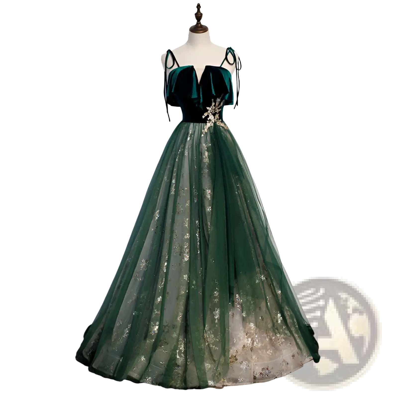 Emerald velvet off-shoulder ball gown with tulle and gold floral embroidery for elegant occasions