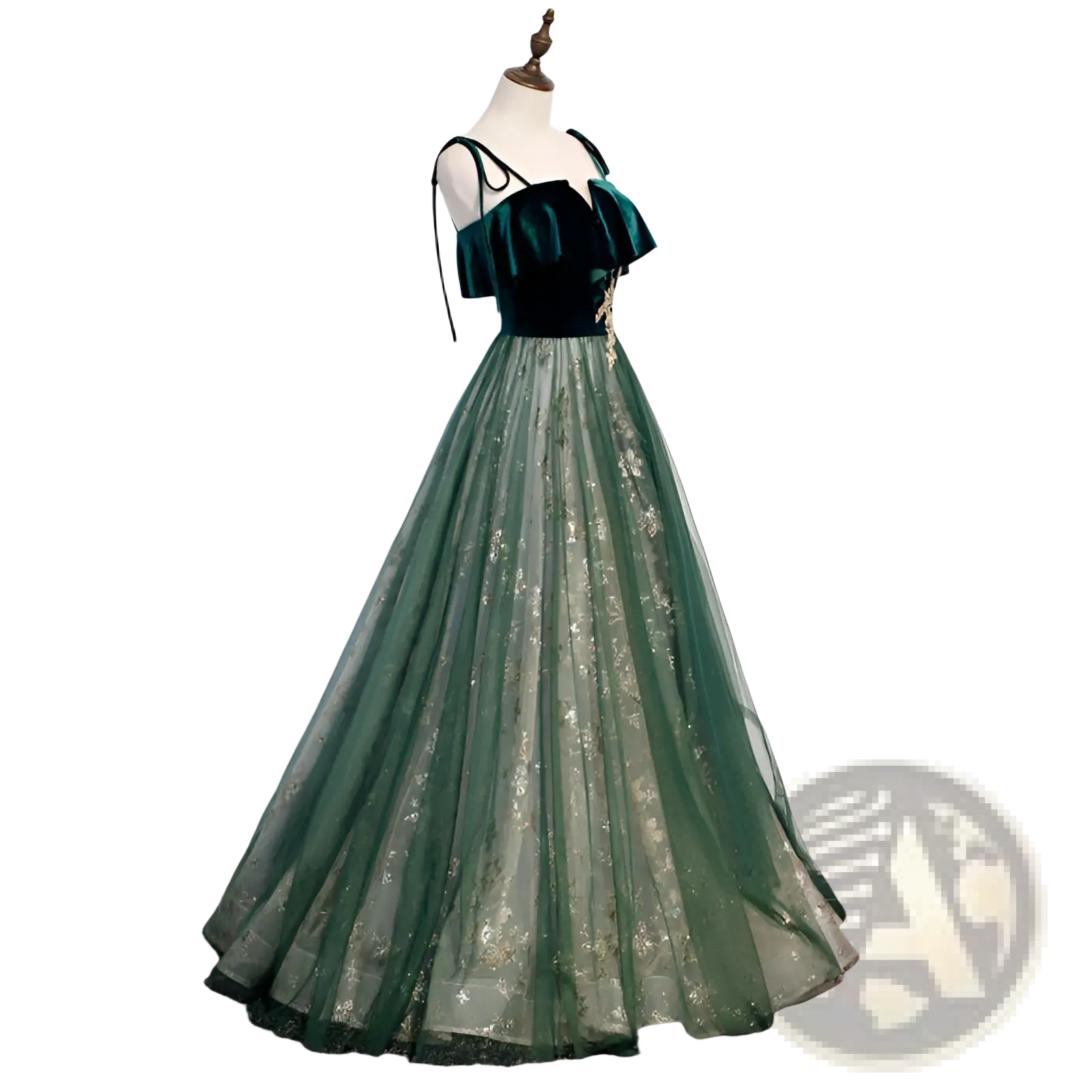 Emerald green velvet off-shoulder gown with gold floral embroidery and flowing tulle skirt for formal occasions