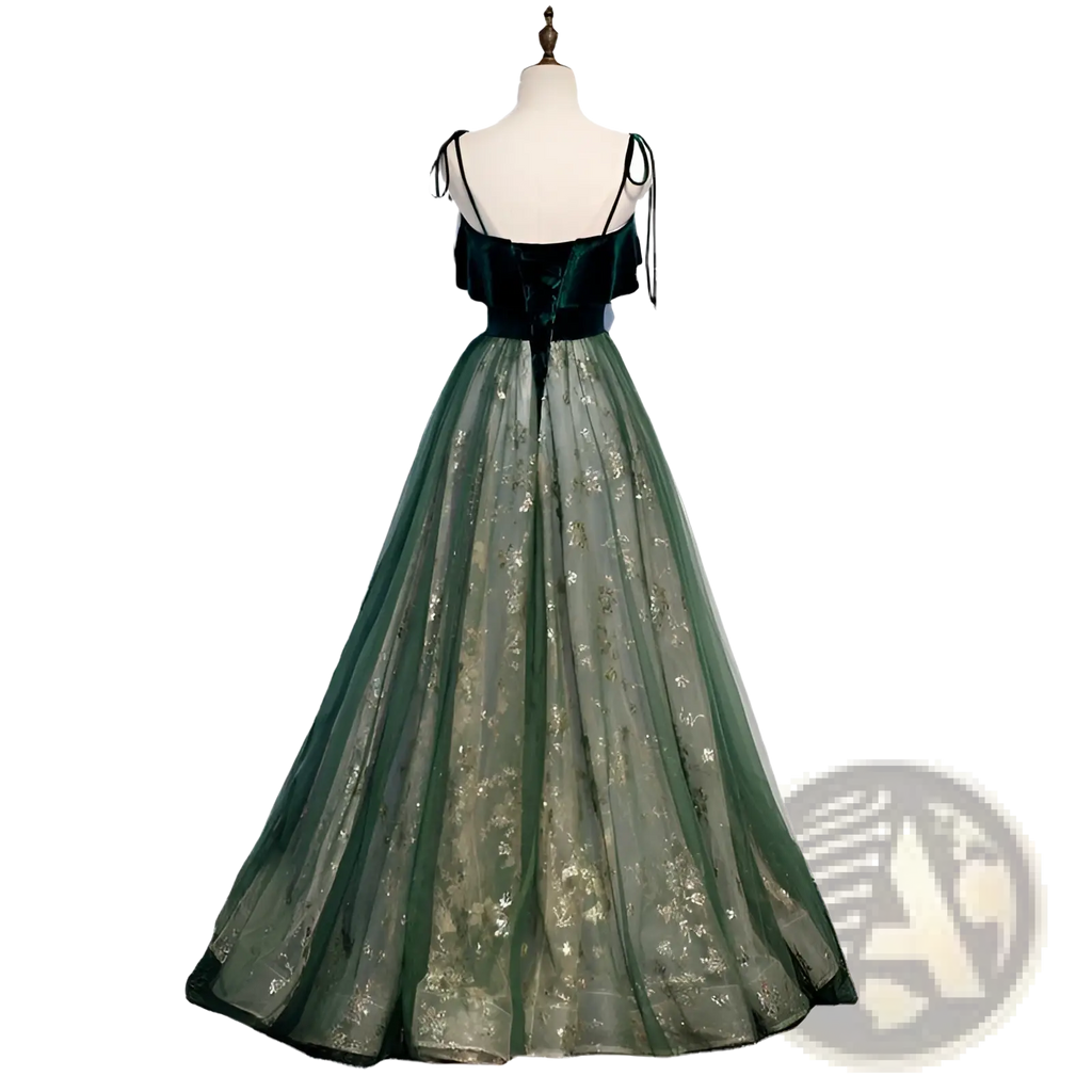 Emerald velvet off-shoulder gown with gold floral embroidery sheer tulle skirt and black tie straps