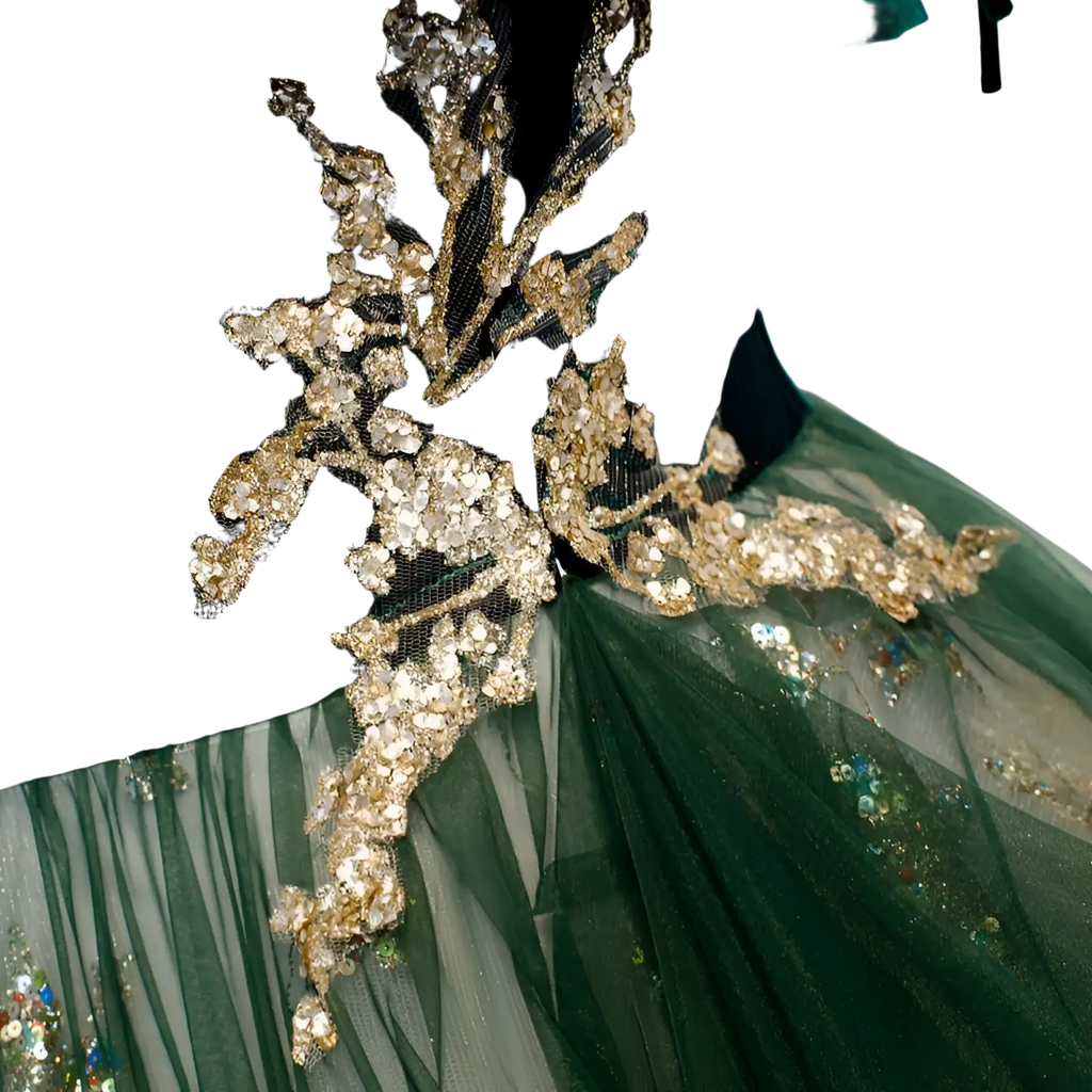 Emerald velvet off-shoulder gown with gold embroidery featuring intricate crystal embellished bodice