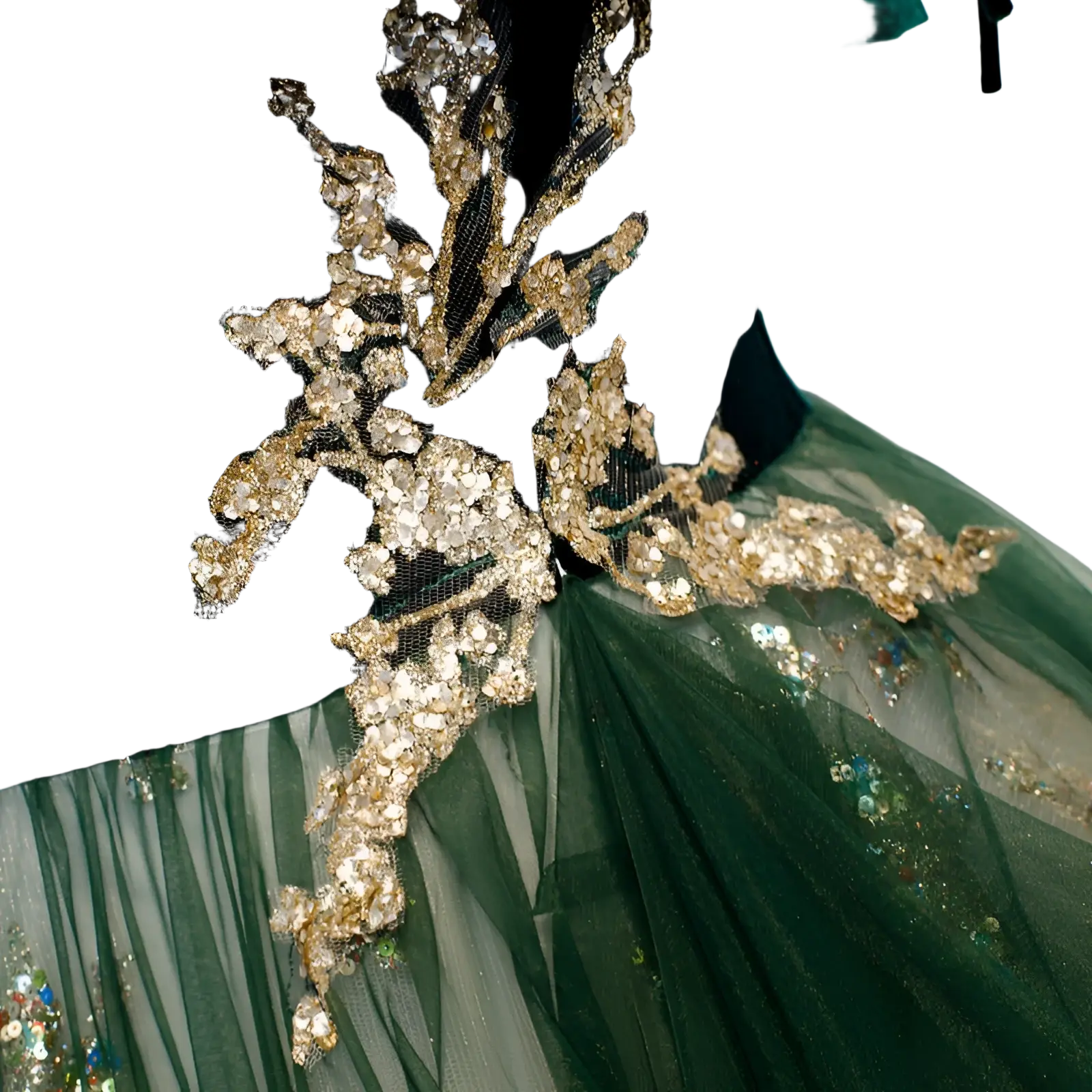 Emerald velvet off-shoulder gown with gold embroidery featuring intricate crystal embellished bodice