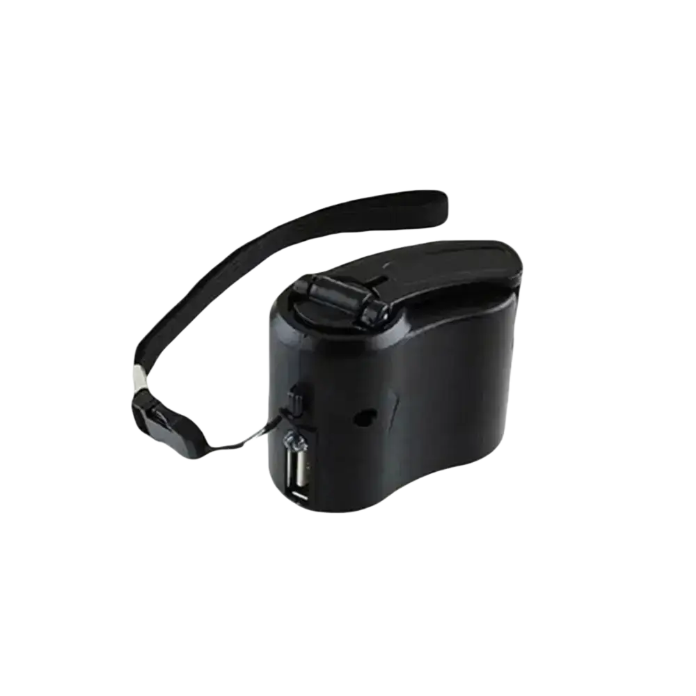 Black plastic emergency charger hand crank power bank with usb port and wrist strap for digital devices