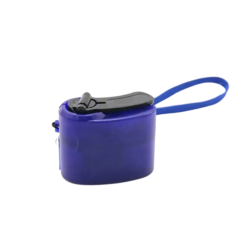 Blue plastic emergency charger water bottle with black flip-top lid and carrying strap for hand crank usb power bank