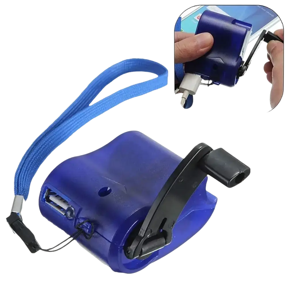 Blue hand-crank emergency charger with usb port and wrist strap for powering digital devices manually