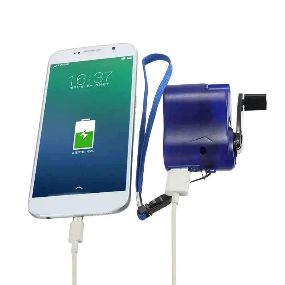 Blue hand crank emergency charger portable power bank with wrist strap for charging digital devices on the go