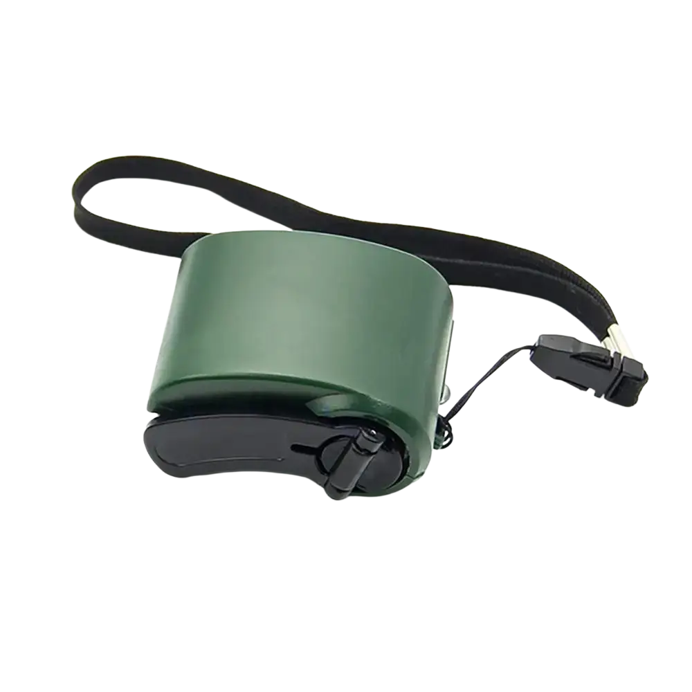 Dark green compact emergency charger with black strap and clip for manual charging digital devices and power backup