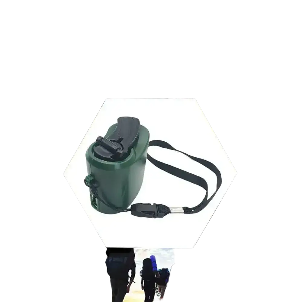 Dark green plastic emergency charger hand crank power bank with black cap and adjustable strap for digital devices