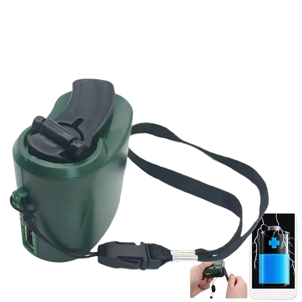 Green hand-cranked emergency charger usb power bank with black accents and wrist strap for digital devices manual charging