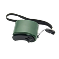 Green cylindrical emergency charger hand crank usb power bank with black strap and clasp for digital devices